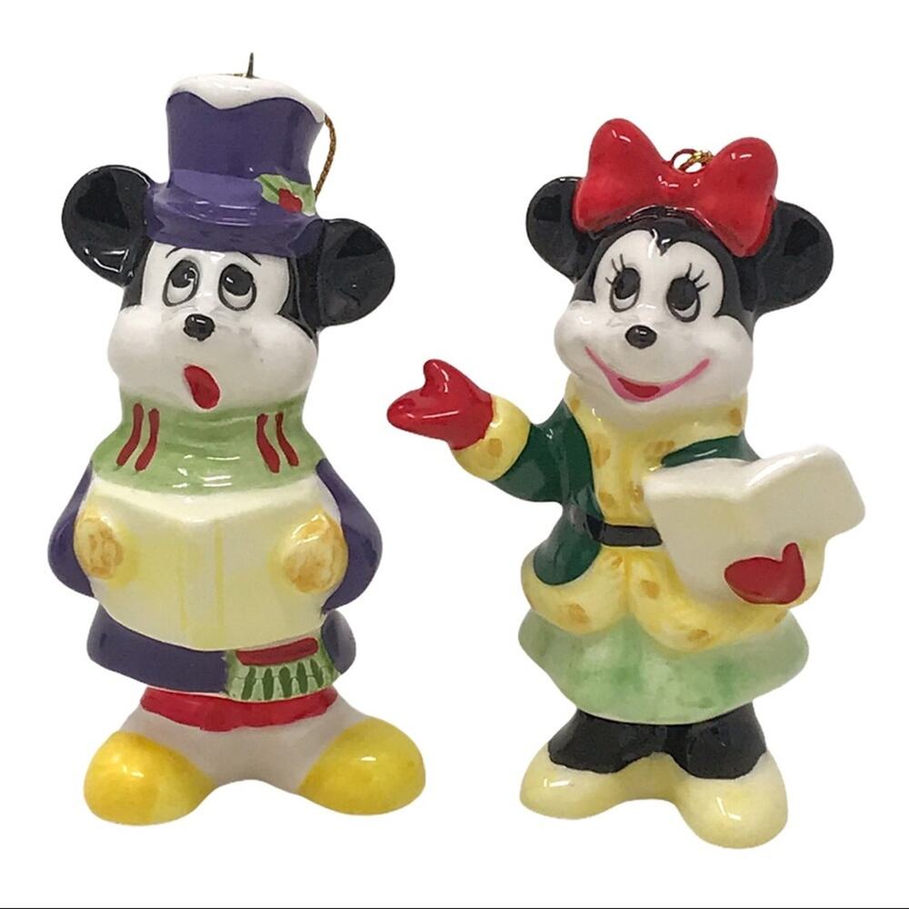 Disney Micky & Minnie Mouse Caroling Christmas Ornaments Ceramic Vintage